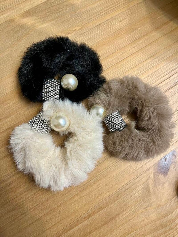3 Pcs Faux Fur Hair Scrunchies with Rhinestones