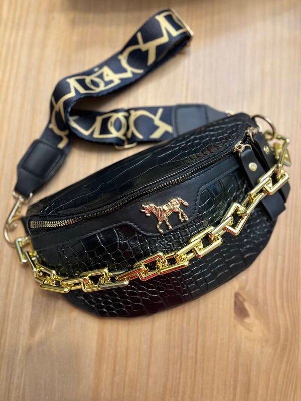 Crocodile Pattern PU Leather Crossbody Bag, Black