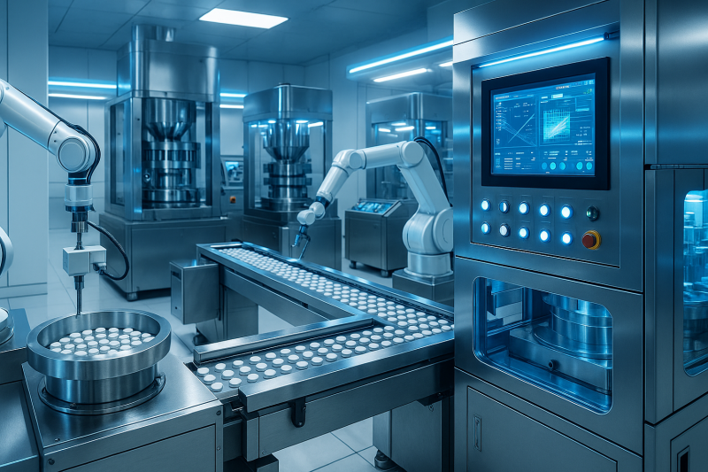 Moderne Tablettenproduktionslinie mit Hightech-Maschinen und digitaler Steuerung