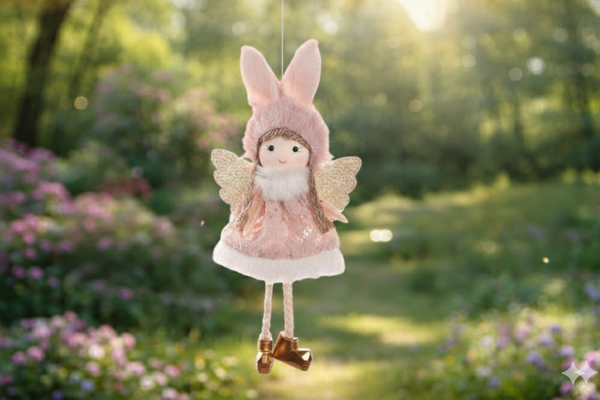 Whimsical Pink Bunny Angel Hanging Ornament