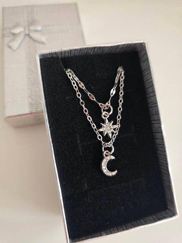 Stainless Steel Star & Moon Rhinestone Necklace