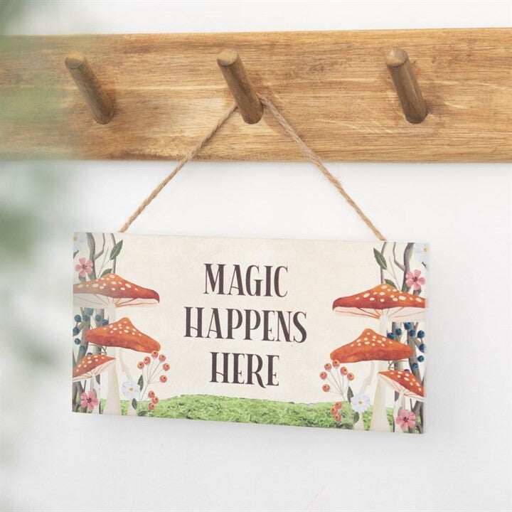 Magic Happens Here Wooden Hanging Sign