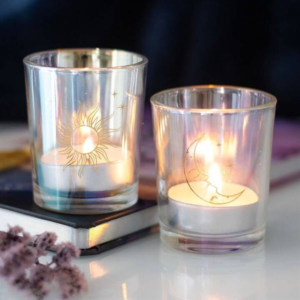 Set of 2 Sun and Moon Iridescent Votive Candle Holders