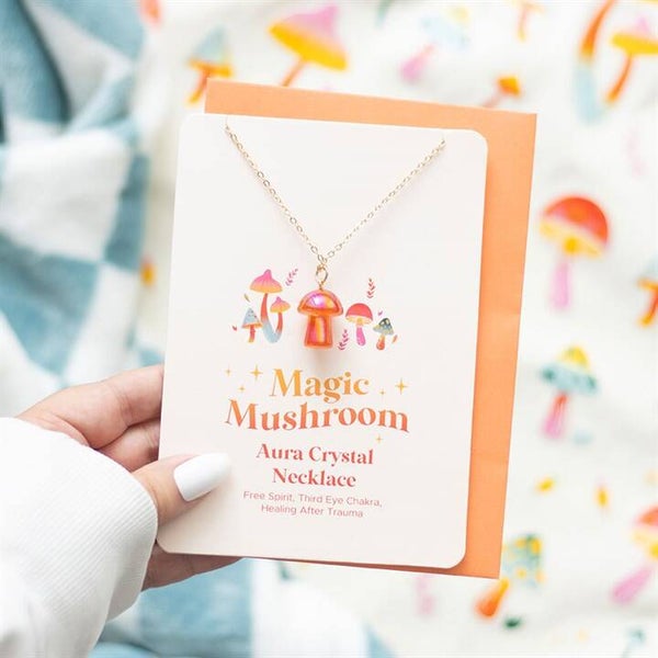 Orange Aura Mushroom Greetings Card Necklace