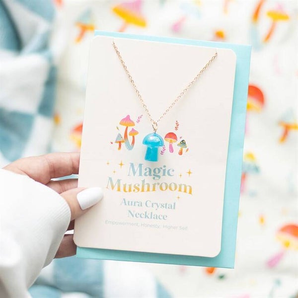 Blue Aura Mushroom Greetings Card Necklace