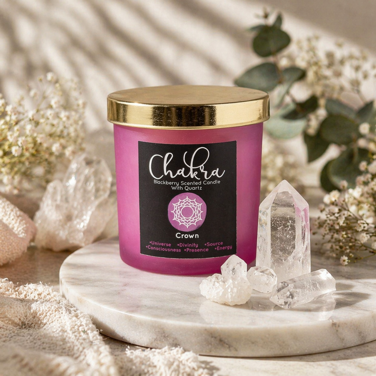 Crown Chakra Blackberry Scented Candle with Clear Quartz Chips