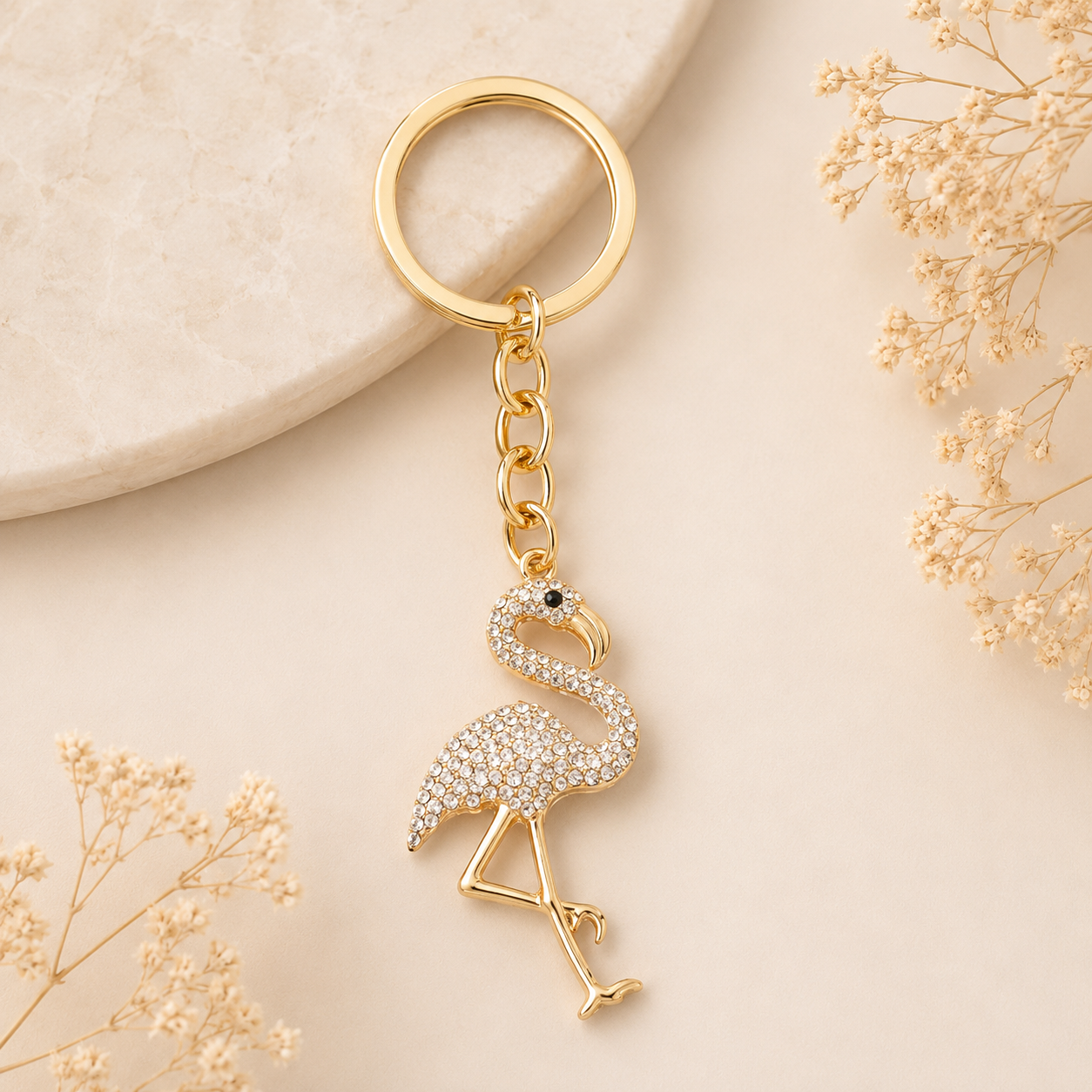 Gold Rhinestone Flamingo Keyring