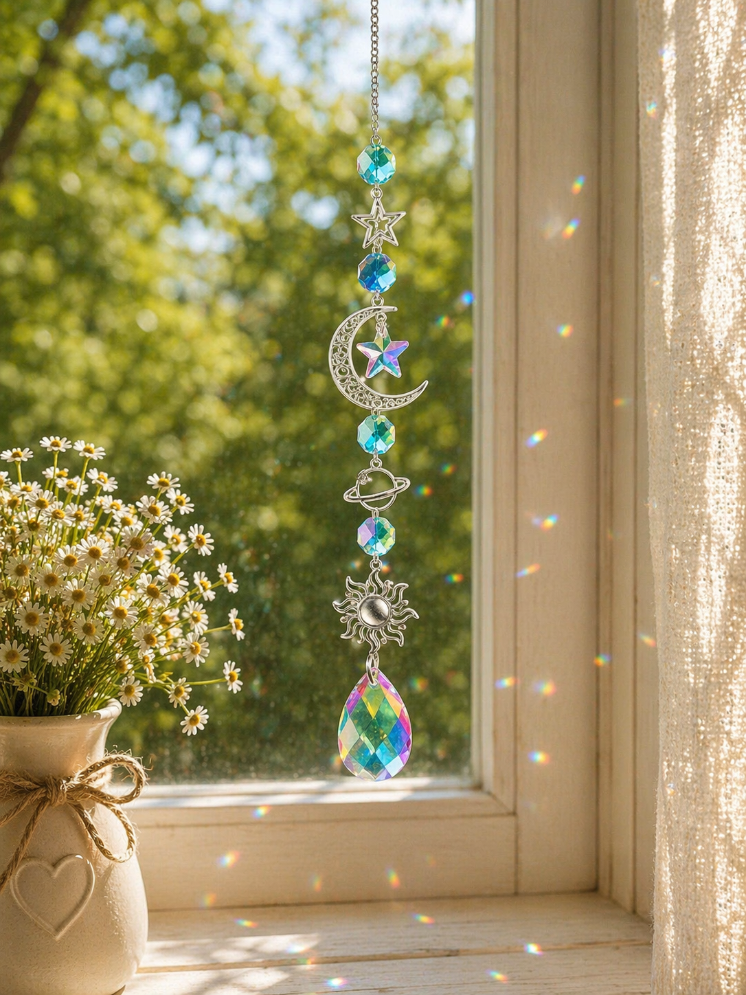 Sun, Moon, and Planet Iridescent Crystal Suncatcher