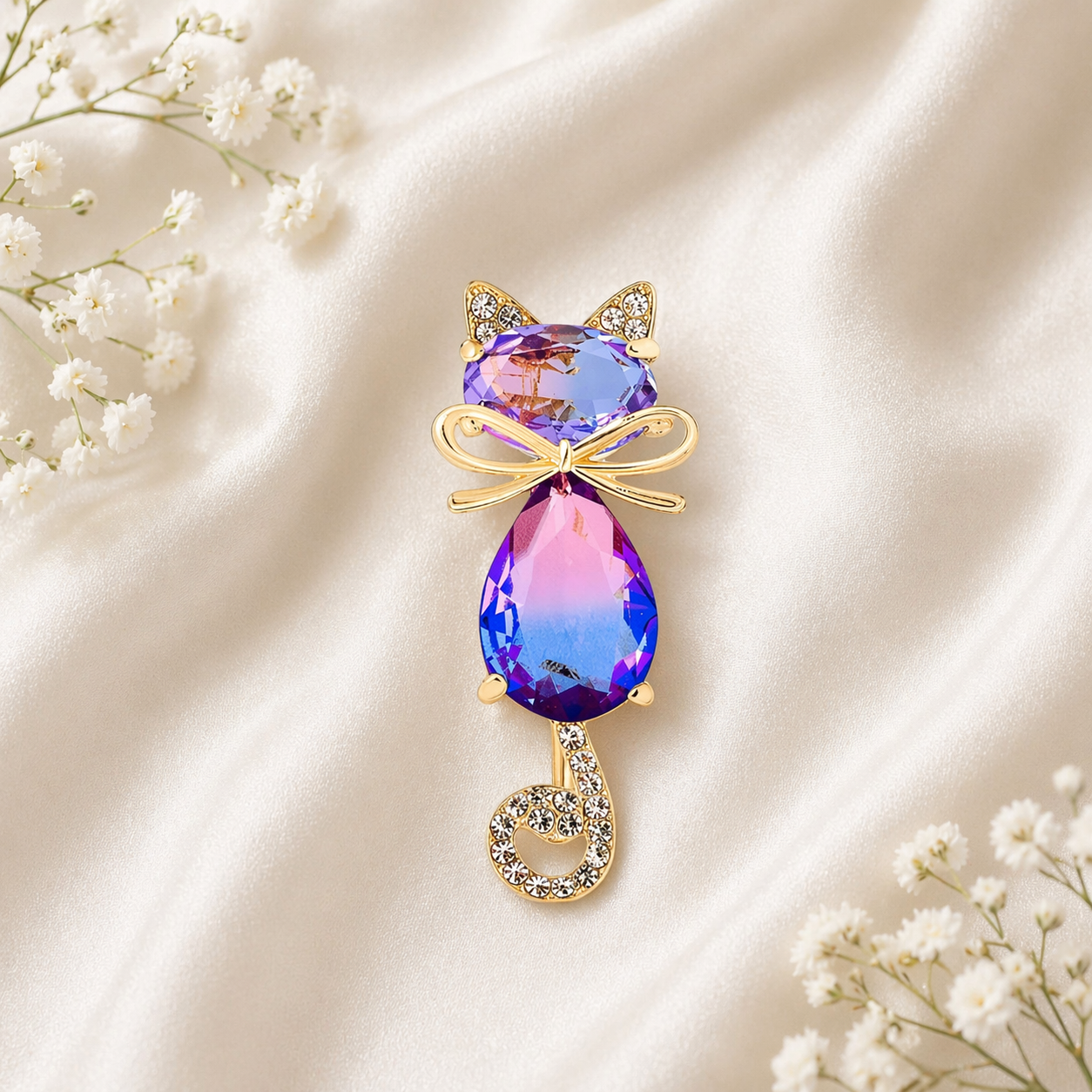 Elegant Crystal Cat Brooch