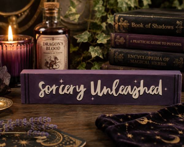 Sorcery Unleashed Wooden Book Sign