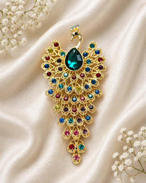 Multicoloured Rhinestone Peacock Brooch