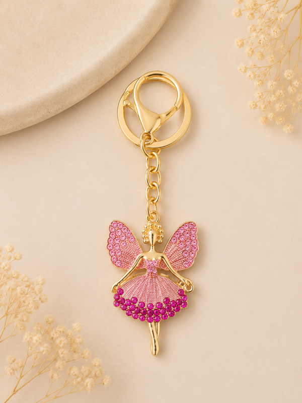Fuschia Pink Ballerina Angel Crystal Keyring