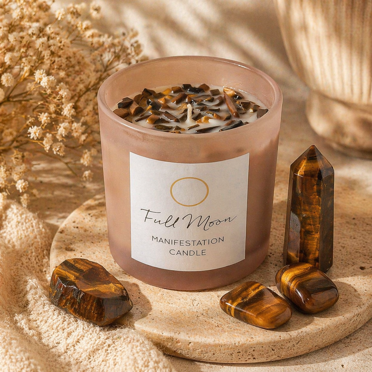 Full Moon Eucalyptus Scented Candle with Tiger's Eye Crystal Chips