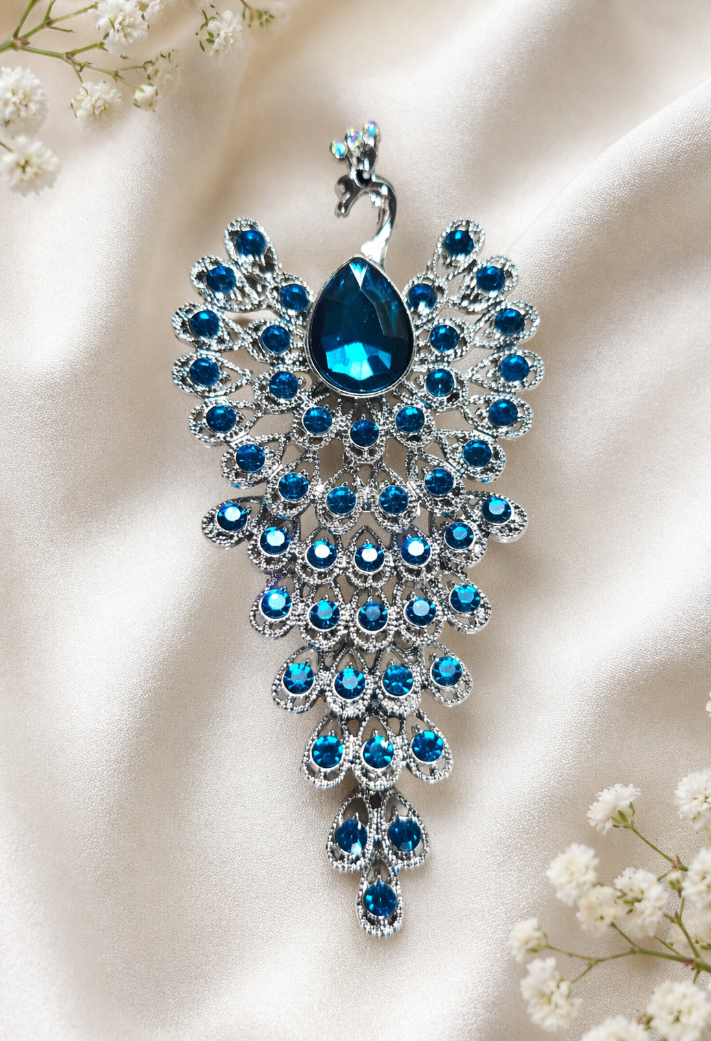 Turquoise Rhinestone Peacock Brooch