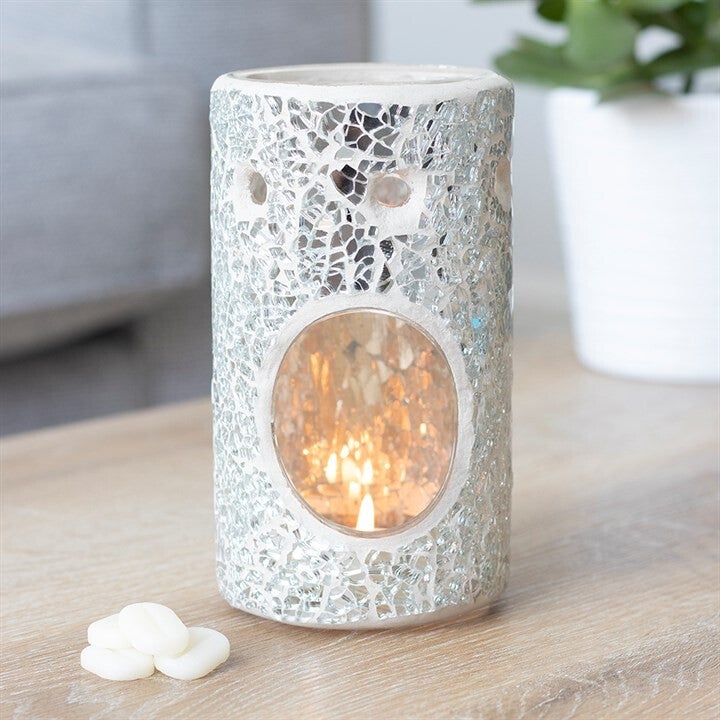 Silver Pillar Crackle Glass Wax and Oil Tealight Burner