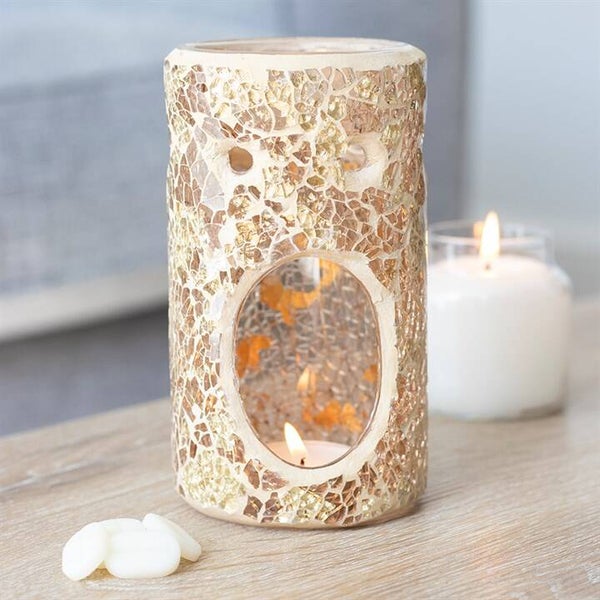 Gold Pillar Crackle Glass Wax and Oil Tealight Burner