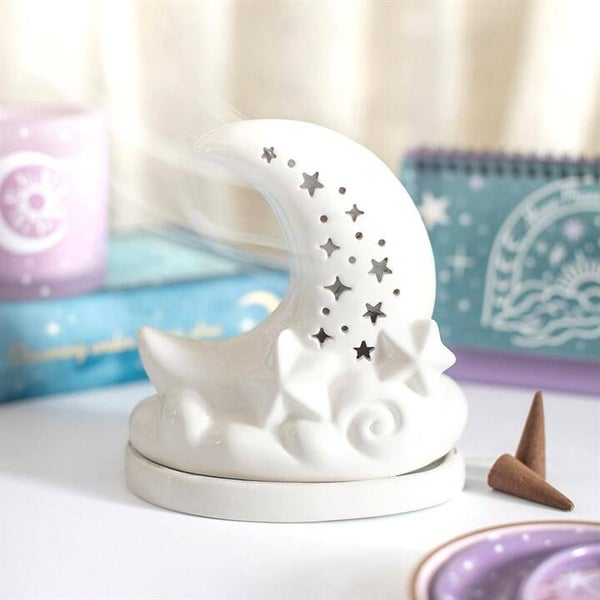 White Pastel Skies Crescent Moon Incense Cone Holder