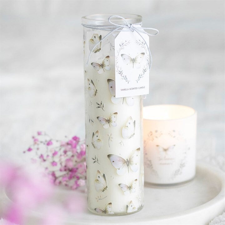 White Butterfly Print Vanilla Tube Candle