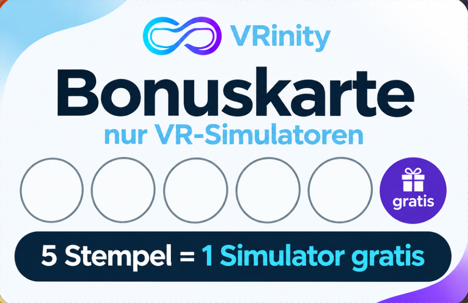 VRinity Bonuskarte: 5 Stempel sammeln, die 6. Simulatorfahrt gratis.