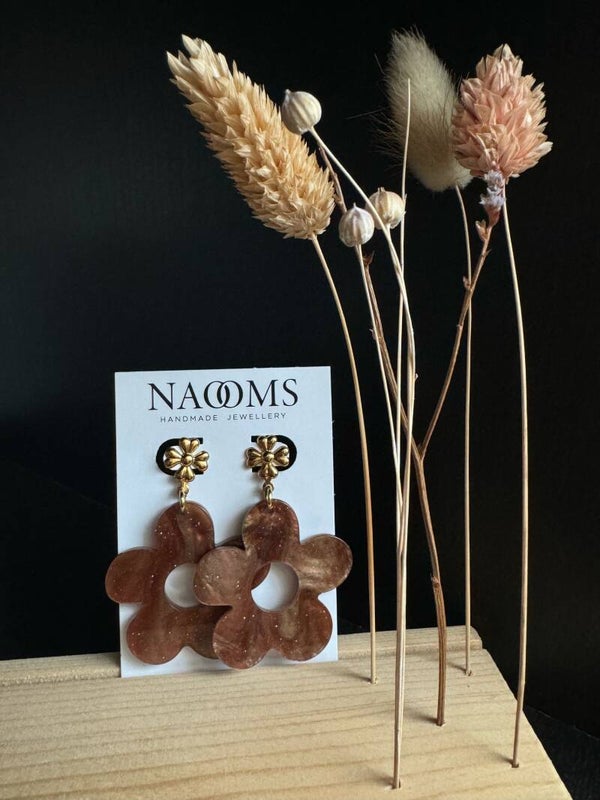 Oorbellen Glitter Flowers Brown - Gold