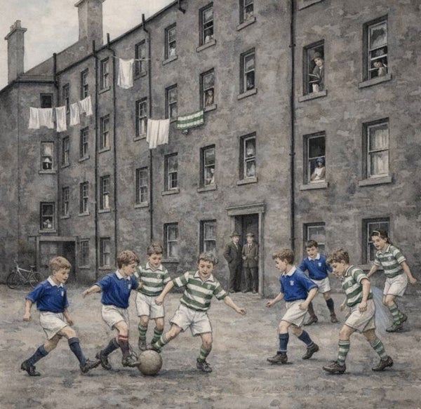 Step back in time with this nostalgic Glasgow artwork capturing weans playing peever in a traditional tenement back court. A perfect piece for anyone who cherishes Scotland's rich heritage and childhood memories.  ✓ Instant digital download ✓ High-resolut