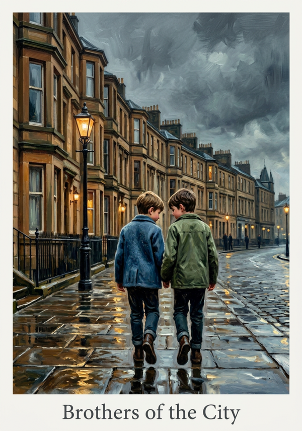 Celebrate the enduring spirit of Glasgow with this nostalgic artwork featuring two brothers walking through the city's historic streets. A heartfelt tribute to family, friendship, and the memories that make Scotland feel like home.  ✓ Instant digital down