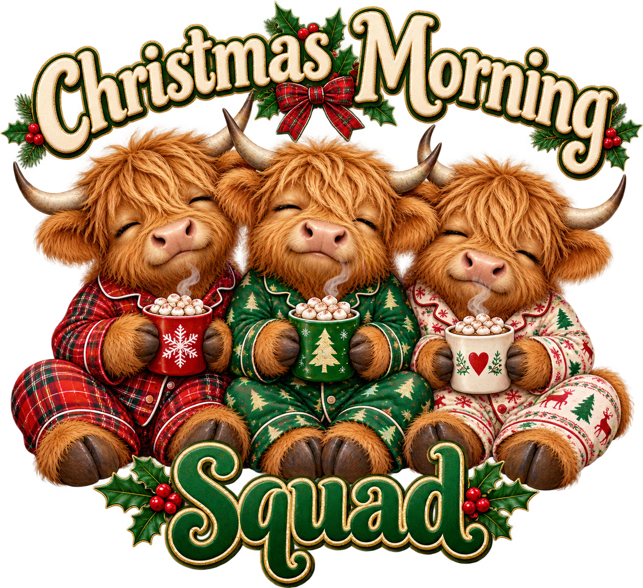 Christmas Morning Squad – Highland Cow Christmas PNG