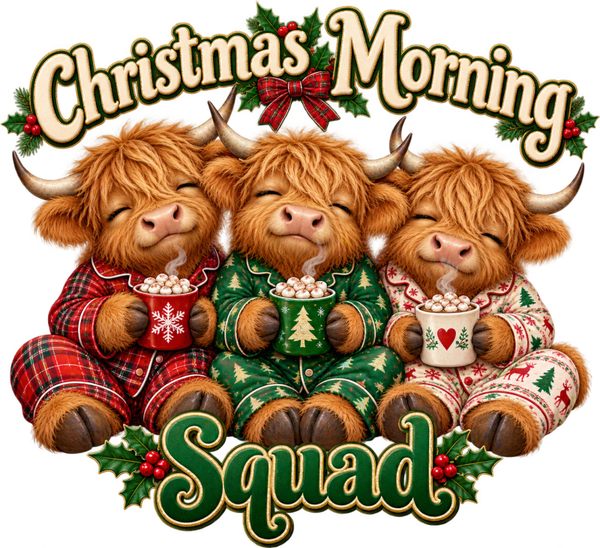 Christmas Morning Squad – Highland Cow Christmas PNG