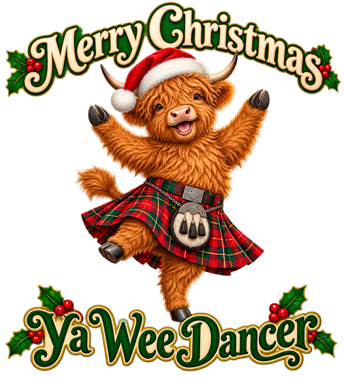 Merry Christmas Ya Wee Dancer – Highland Cow PNG