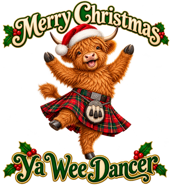 Merry Christmas Ya Wee Dancer – Highland Cow PNG