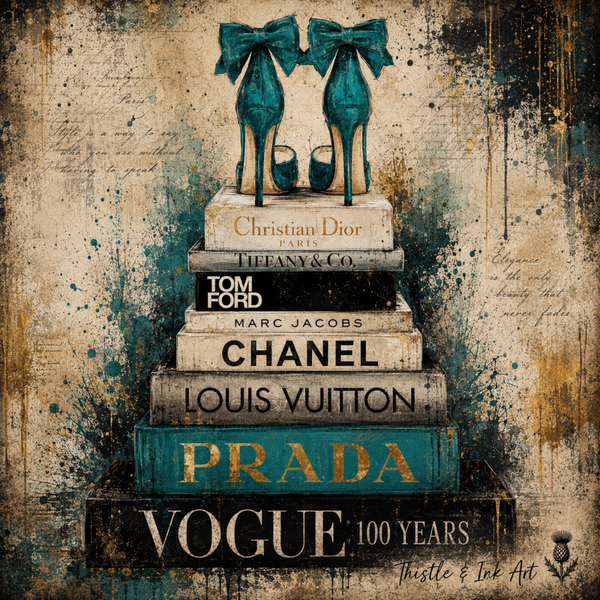 Fashion Icons – Teal Heels & Designer Books Art Print