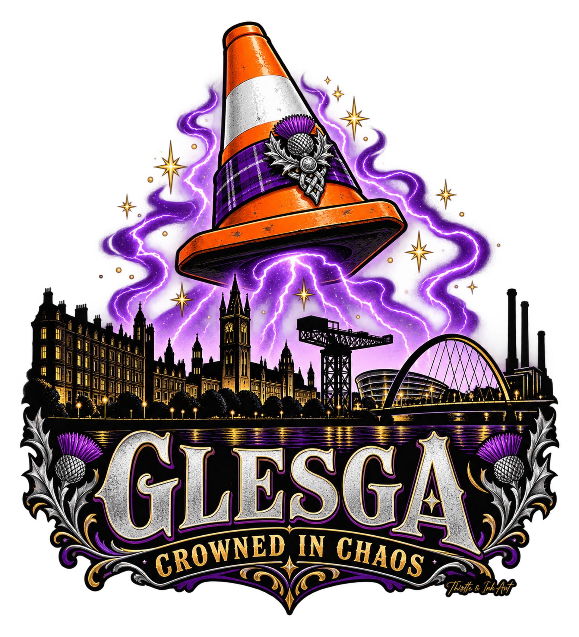 Glesga Crowned in Chaos – Glasgow Traffic Cone T-shirt Print