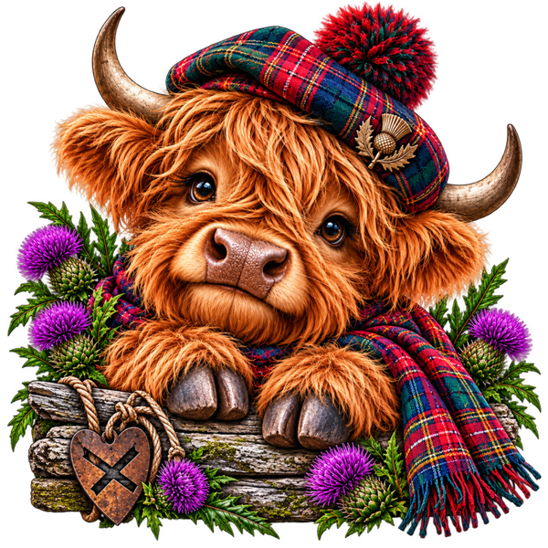 Hamish the Highland Cow – Scottish Tartan & Thistles