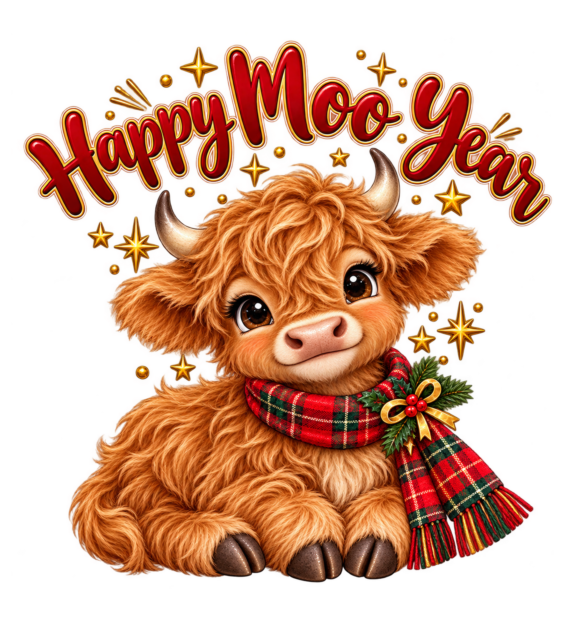Happy Moo Year – Festive Highland Cow T-Shirt Print