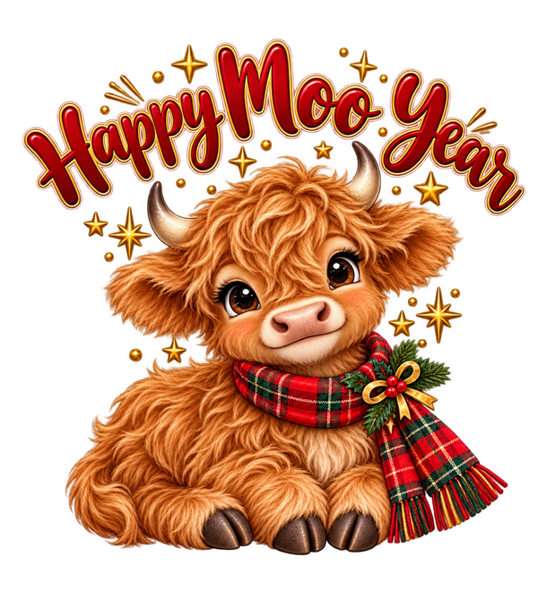 Happy Moo Year – Festive Highland Cow T-Shirt Print