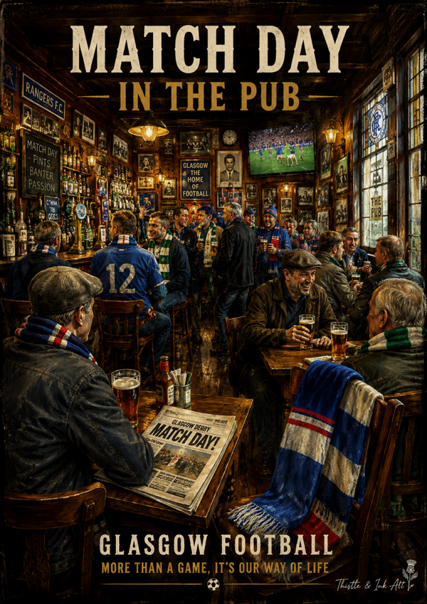 Match Day in the Pub – Glasgow Football Nostalgia Art Print