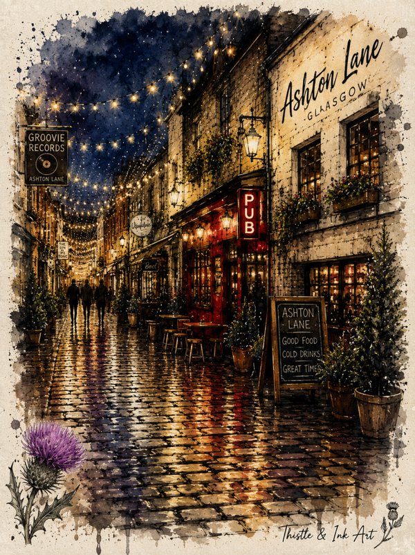 Ashton Lane After Dark – Glasgow West End Art Print