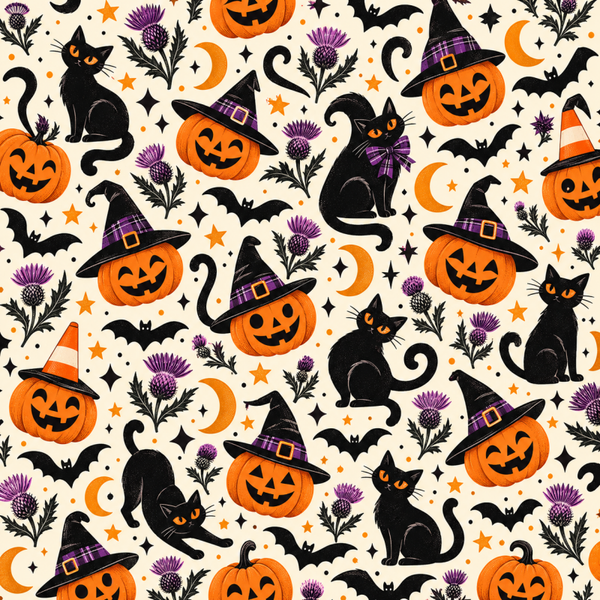 Scottish Halloween Pattern – Pumpkins, Cats & Thistles T-Shirt Design