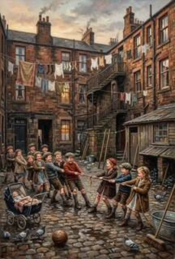 Step back in time with this nostalgic Glasgow artwork capturing children playing in a traditional tenement back court. A timeless piece celebrating Scottish childhood, community spirit, and memories of days gone by.  ✓ Instant digital download ✓ High-reso