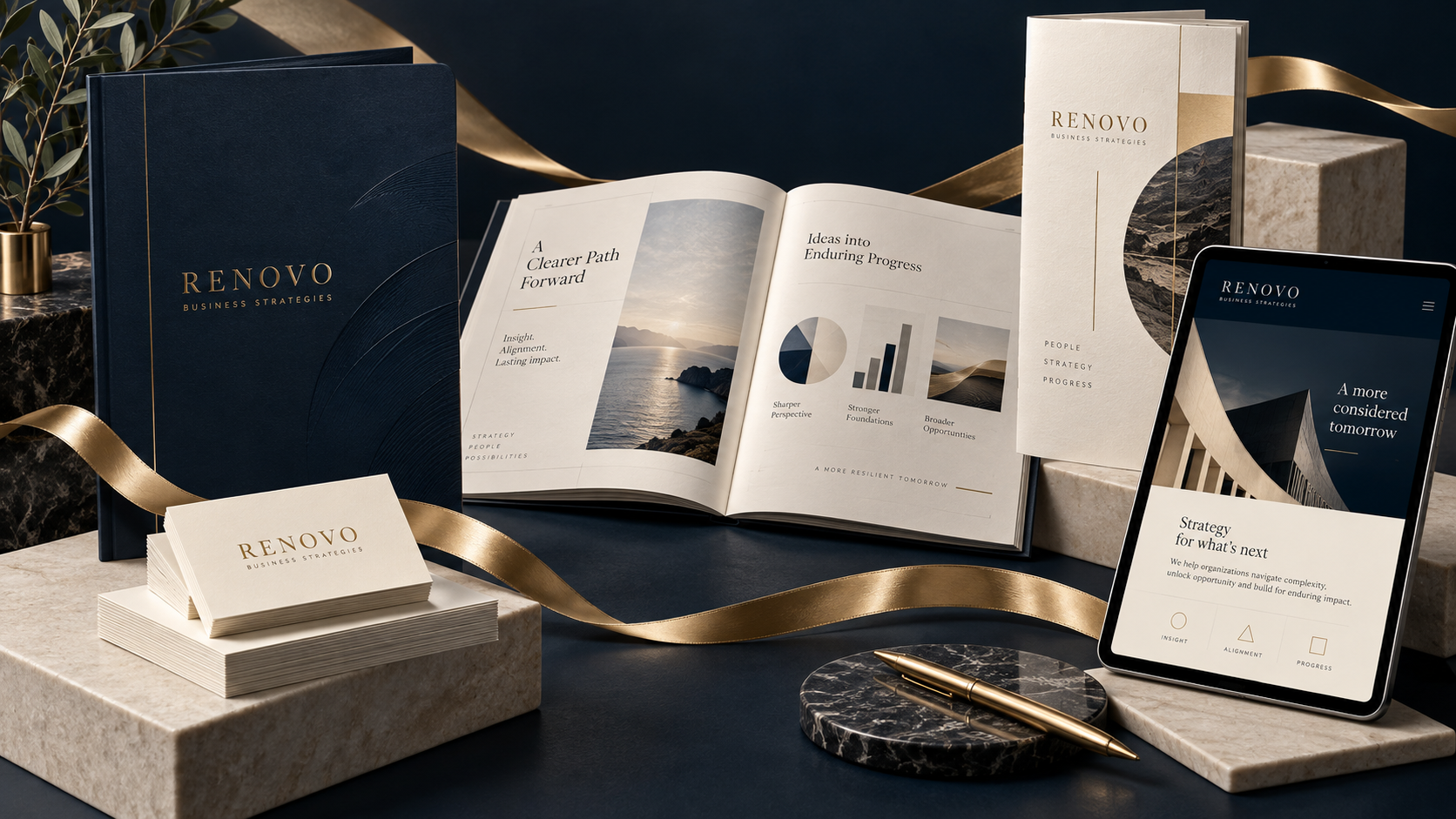 Renovo concept collection with business cards, a presentation folder, an editorial report, a brochure, and a tablet website