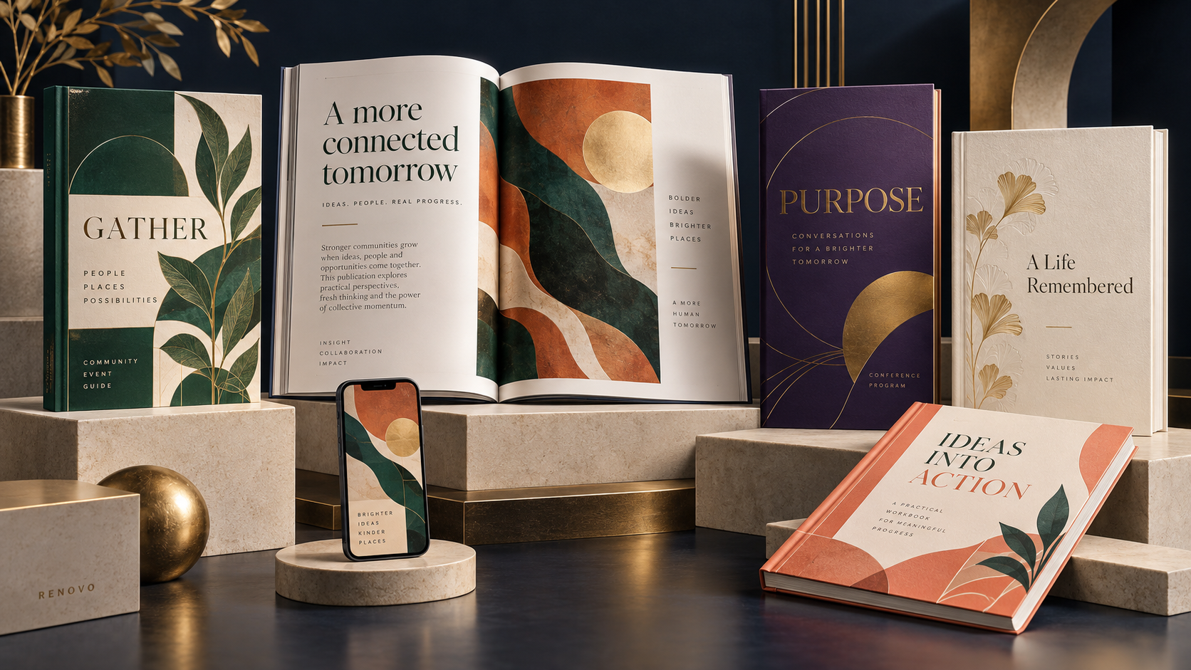 Publication concepts including a community event guide, conference program, editorial book, legacy keepsake, workbook, and mobile graphic