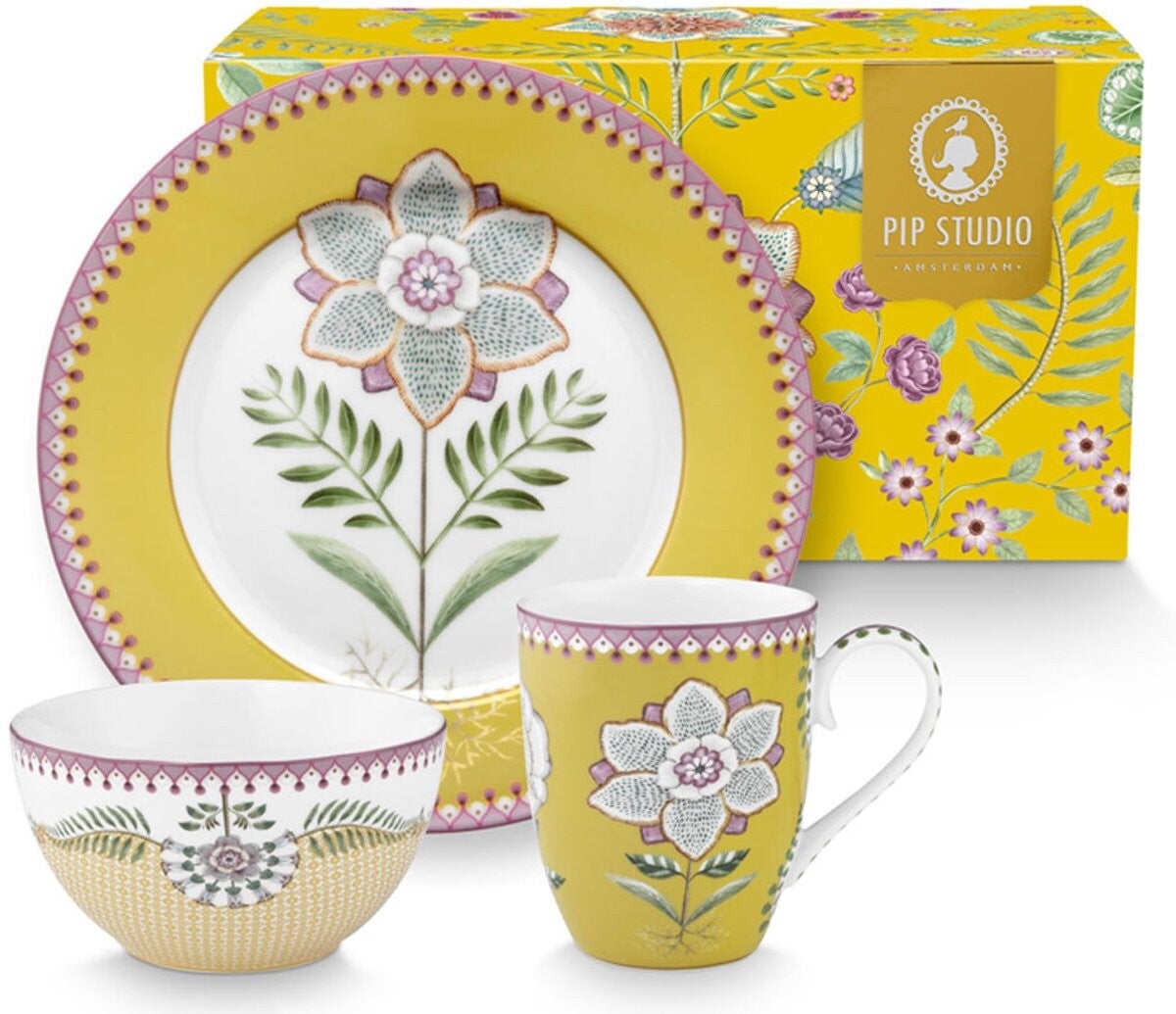 Pip studio-Ontbijtset 3 delig - Lily & Lotus Yellow - porselein - vaatwasserbestendig