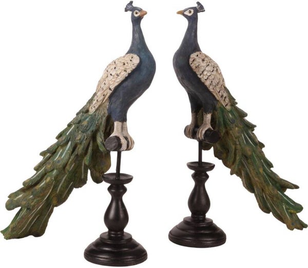Baroque - Pauw op Voet - set van 2 - Blauw - Resin - 41x26x11 cm - Polyresin