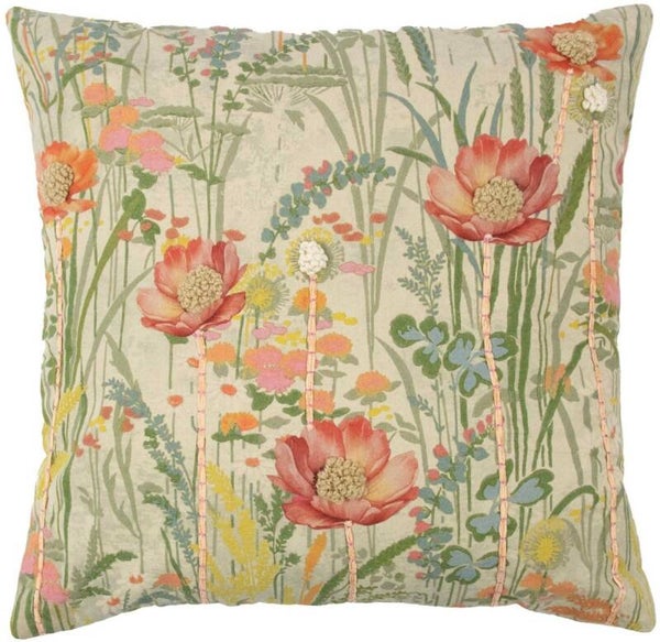 Mars&More kussen geborduurd wilde bloemen roze klaproos 60x60cm