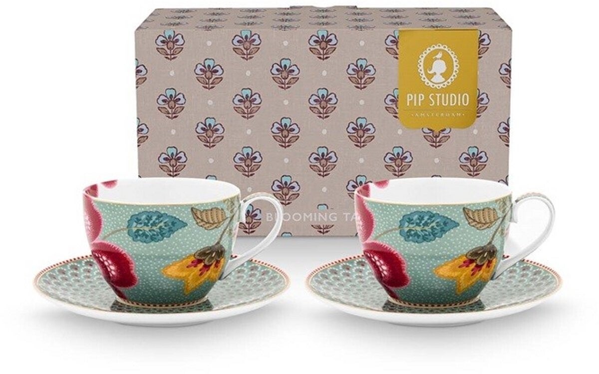 Pip studio-Kop en schotel-Blooming Tales Fantasy Blue-Set van 2-300ml-Porselein