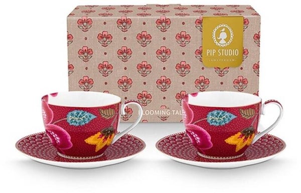 Pip studio-Kop en schotel-Blooming Tales Fantasy Dark Red-Set van 2-300ml-Porselein