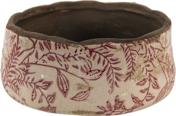 Clayre & Eef Bloempot Ø 21x8 cm Roze Beige Keramiek Rond Bladeren Bloempot