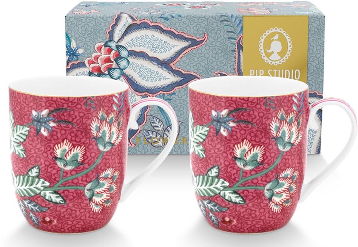 Flower Festival dark pink Mokken set/2 - 145ml  porselein bloemen roze