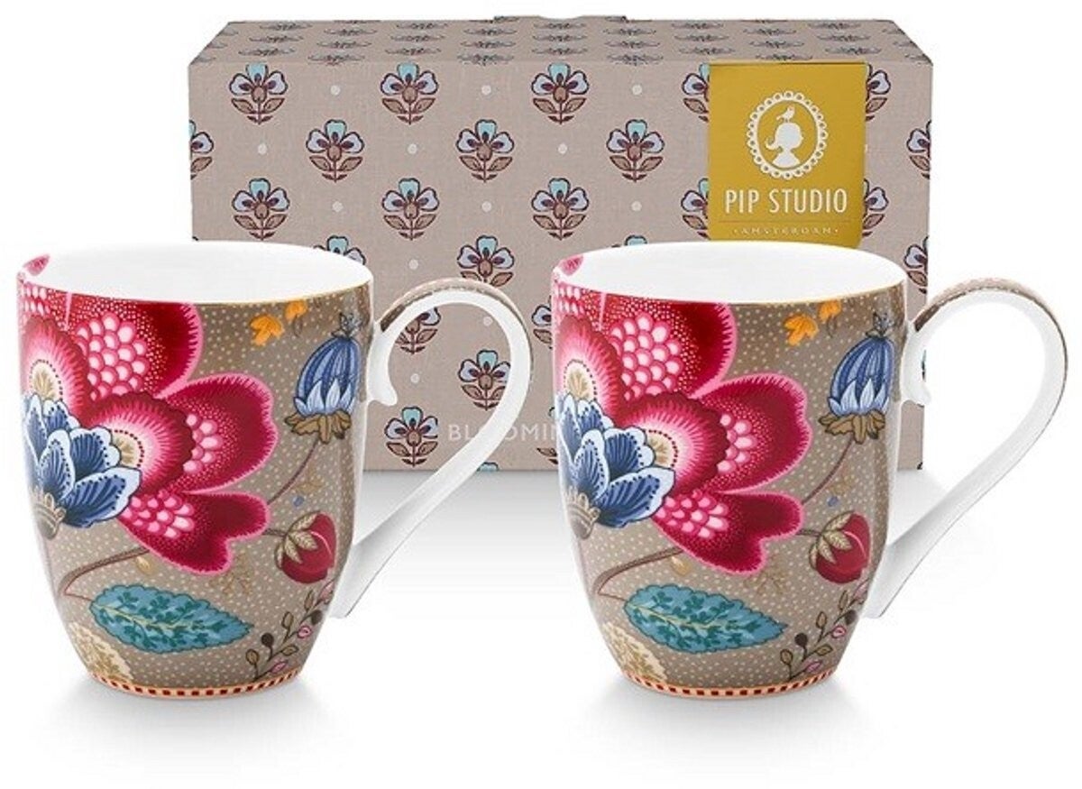 Pip studio-Mok XL-Blooming Tales Fantasy Khaki-Set van 2-450ml-Porselein