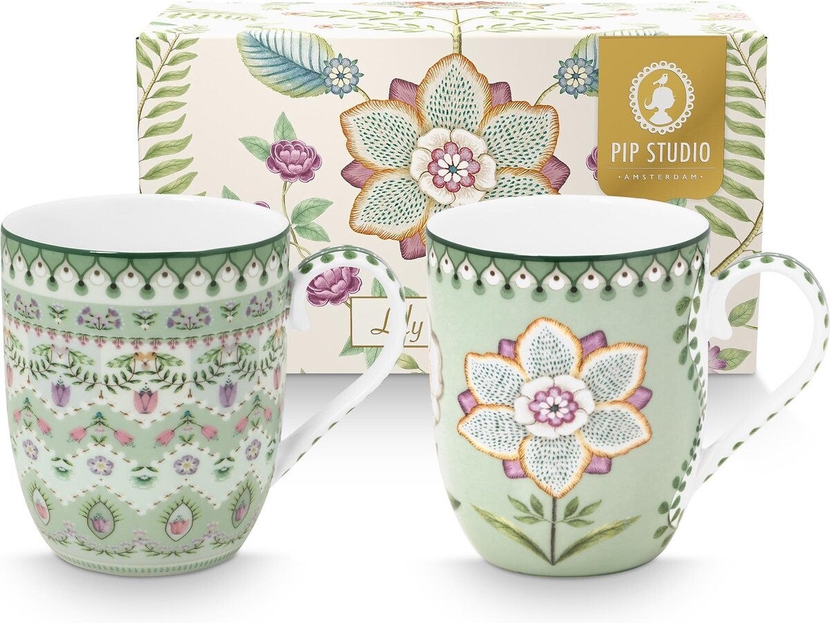 Pip Studio Lily & Lotus Light Green Set van Twee Mokjes 145ml - Porselein